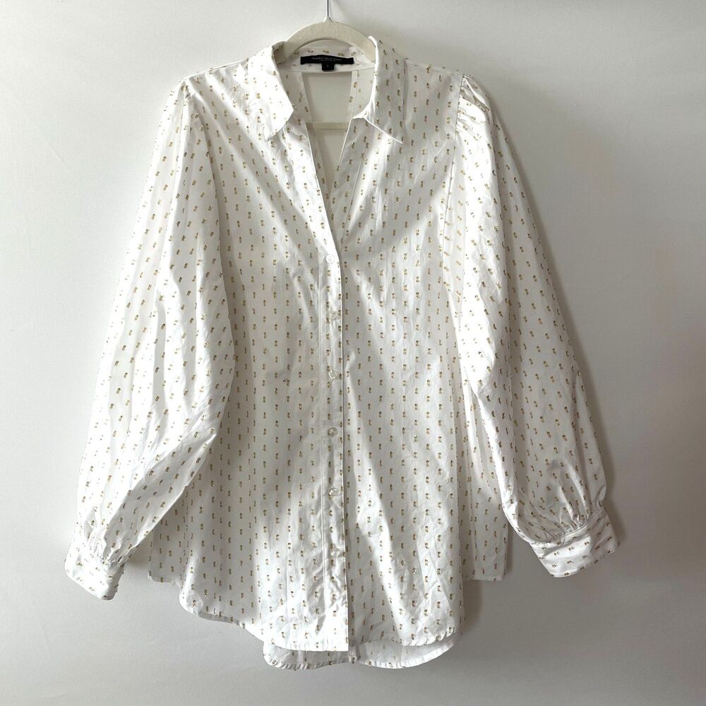 Marc New York Andrew Marc White Gold Metallic Dot Button Down Blouse Women’s L